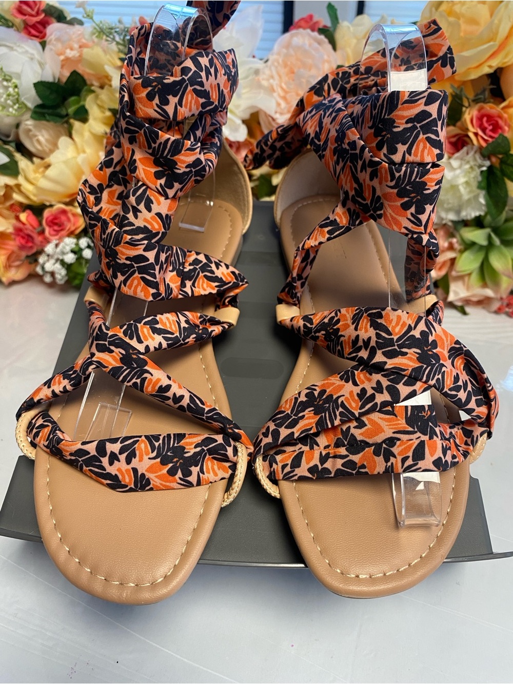 Old Navy Wrap-Tie Scarf Sandals Warm Floral Top Orange Black Size 6.5 Ankle Tie